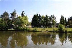 Camp on the pond shore with trees reflected in the water