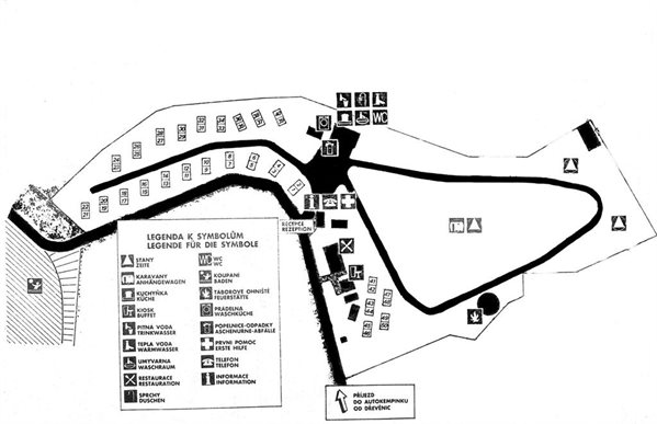 Camp plan of Dřevěnice campsite with a legend of symbols and the layout of the cabins