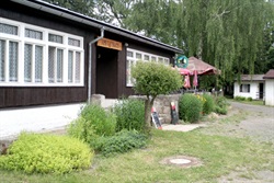 Restaurant building with windows and greenery by the entrance