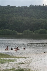 Swimming at the sandy beach of the pond
