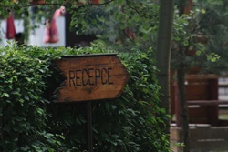 Wooden Reception sign by a hedge